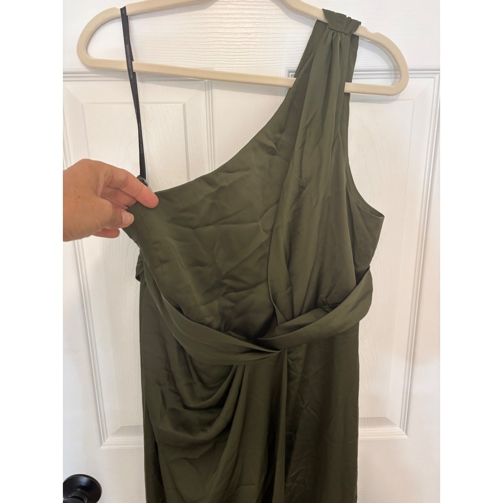 NWT Dessy One Shoulder Draped Twist Empire Waist Trumpet Gown Olive Green Sz 6 - Picture 5 of 7